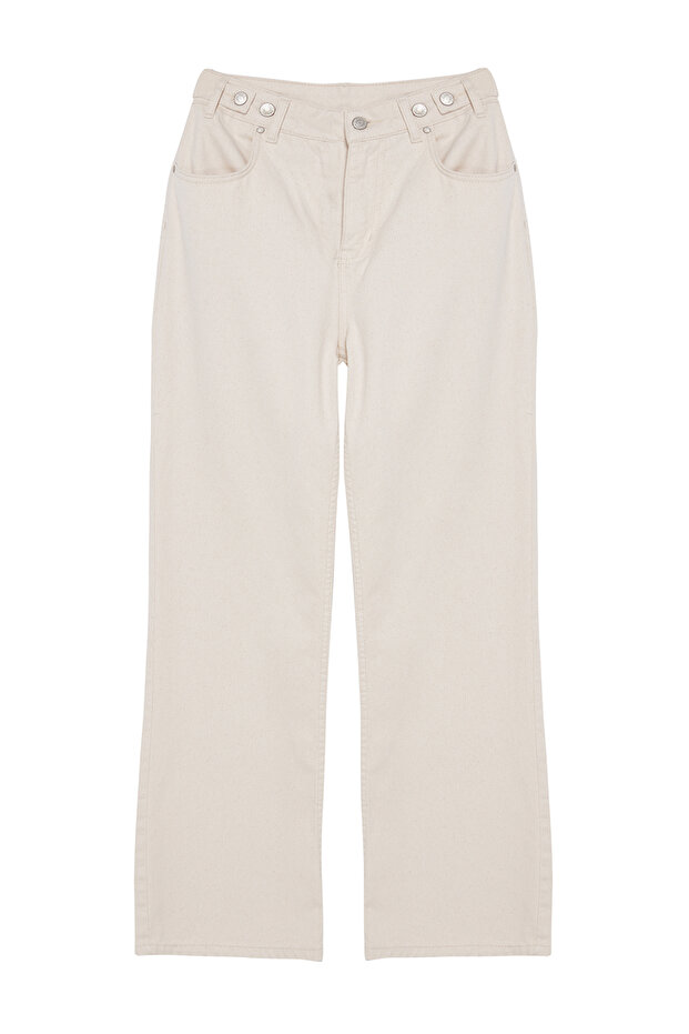 Ecru Waist Detailed High Waist Wide Leg Kalhoty TWOAW25JE00039 - 6