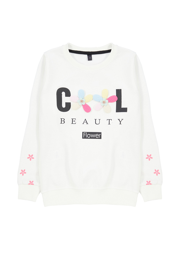 Ekru Kız Çocuk Çiçek/Slogan Nakışlı Bisiklet Yaka Örme Sweatshirt TKDAW25SW00008 - 1