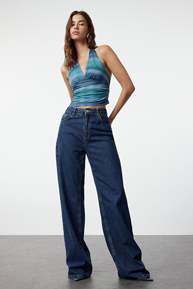 Indigo Boyundan Bağlamalı Vücuda Oturan Esnek Crop Örme Bluz TWOSS24BZ00061 - 5