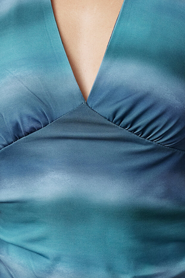 Indigo Boyundan Bağlamalı Vücuda Oturan Esnek Crop Örme Bluz TWOSS24BZ00061 - 6