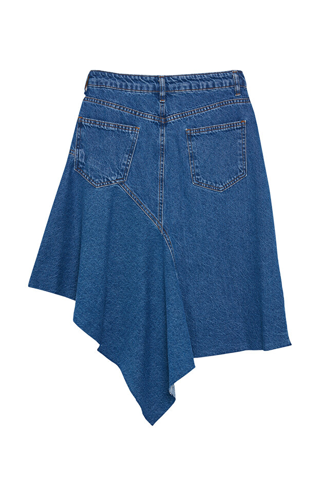 Mavi Dikiş Detaylı Asimetrik Yüksek Bel Midi Denim Etek TWOAW25ET00012 - 7