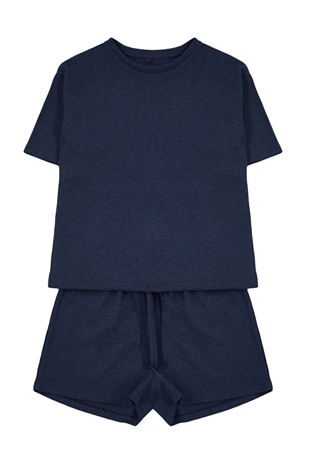 Indigo Waffle Kumaş Şortlu Örme Pijama Takımı THMSS22PT0524 - 6