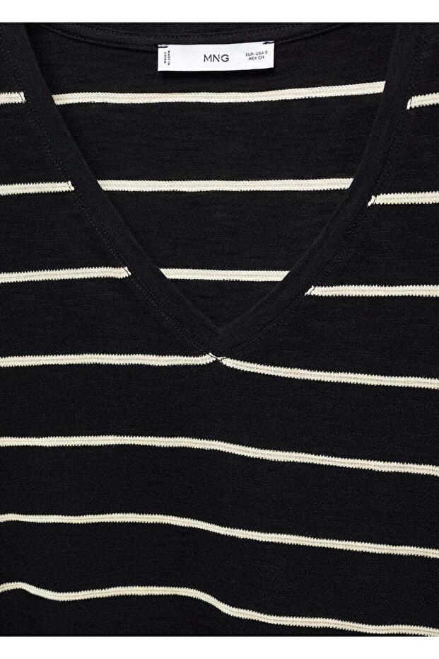 V yakalı çizgili tişört - 6