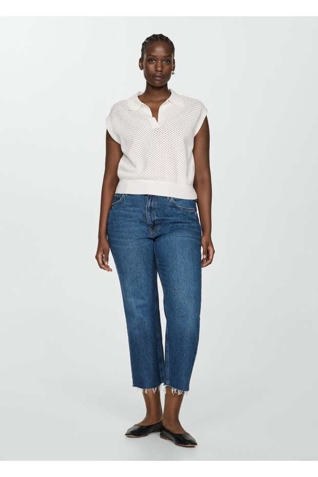 Durchbrochen gestrickte Bluse mit Polokragen - 7