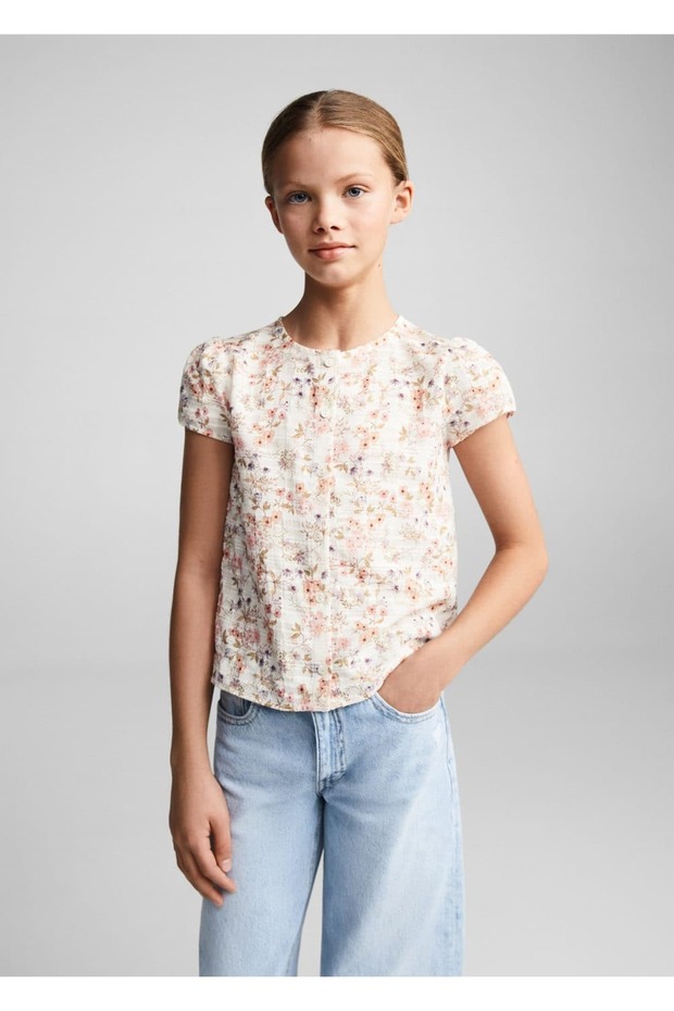 Düğmeli Çiçekli Bluz - 1