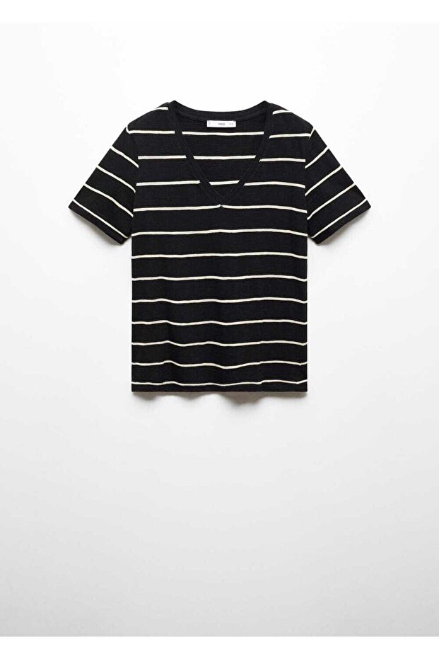 V yakalı çizgili tişört - 3