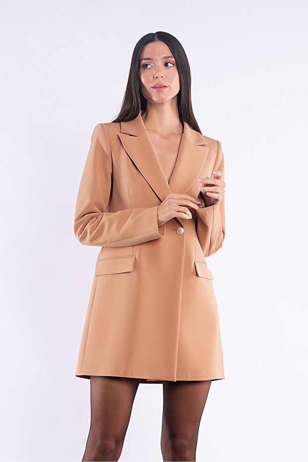 Long Gold Buttoned Camel Blazer Jacket - 3