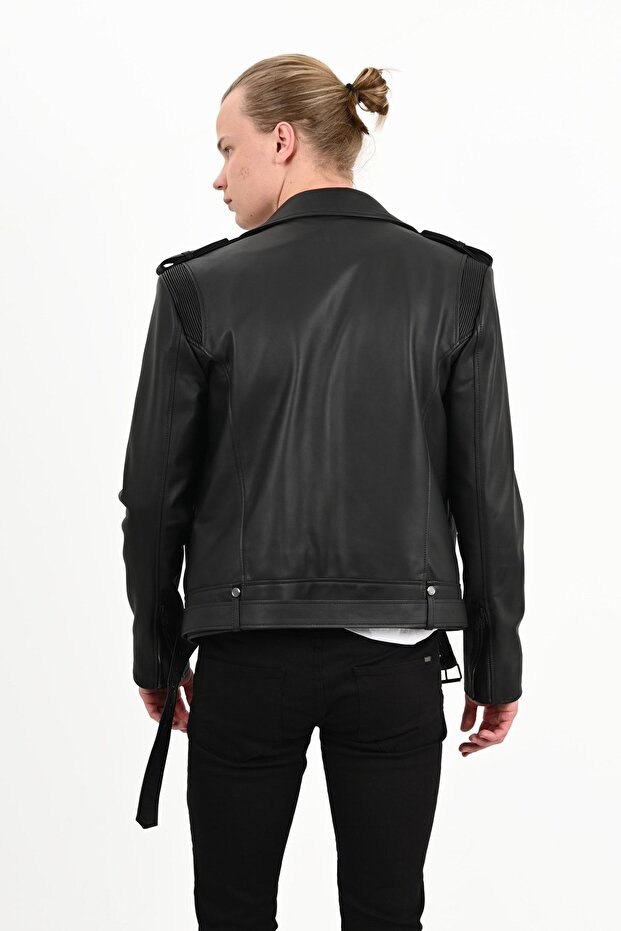 Eclipse Hakiki Deri Erkek Siyah Biker Deri Ceket - 4
