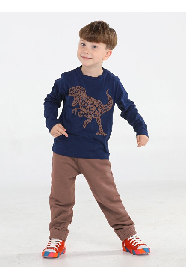 Coffee Lettered Dino Jogger Pants + Tshirt Tracksuit Set Bn-043-Bella Notte