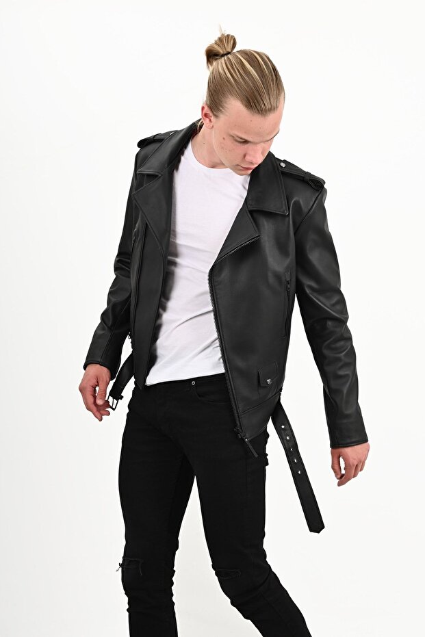 Eclipse Hakiki Deri Erkek Siyah Biker Deri Ceket - 1