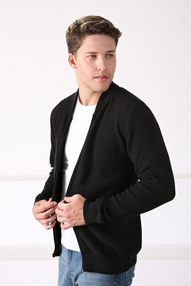 Men's Black Zippered Cotton Knitwear Cardigan