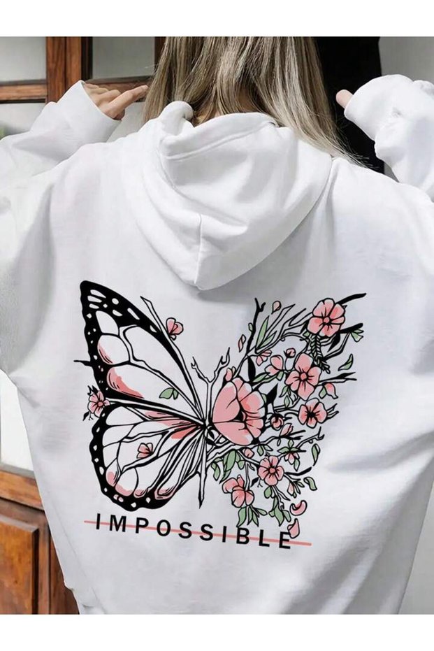 Unisex White Butterfly Back Printed Oversized Winter 3-Thread Sweatshirt Hoodie