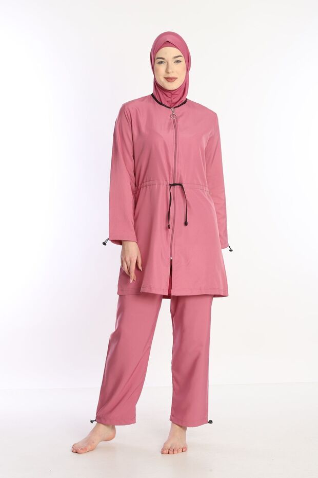 Dusty Rose 4-Piece Fully Covered Water-Repellent Quick-Drying Zippered Parachute Hijab Swimsuit