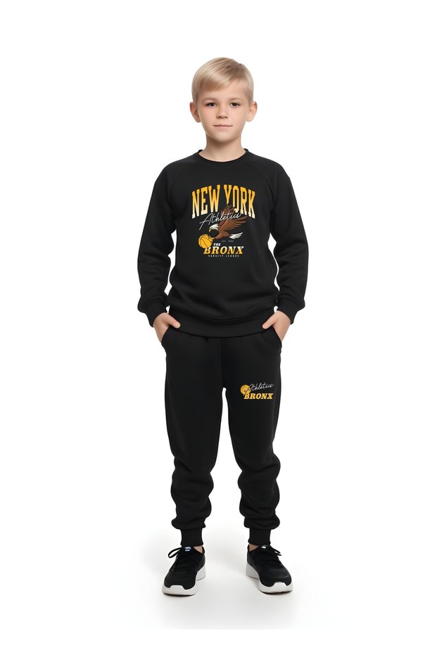 New York Printed Boys Round Neck Double Pocket Black Tracksuit Set