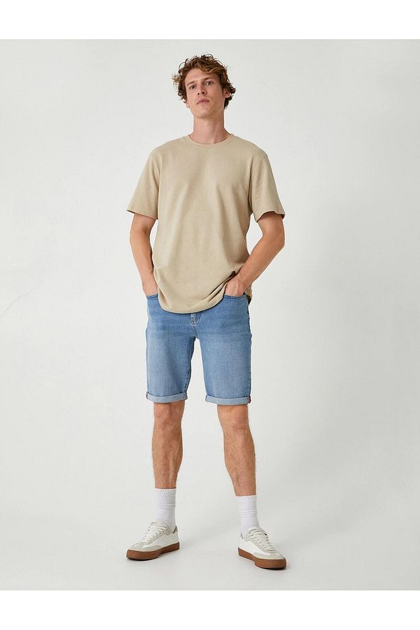 Slim Fit Kot Şort Cep Detaylı Katlamalı Paça Pamuklu - 2
