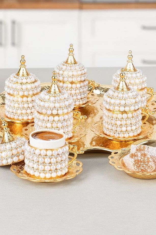 6'Lı Kahve Fincan Seti İnci Taş Ve Kristal Taşlı Kahve Fincanı Espresso Set 27 Parça - 8