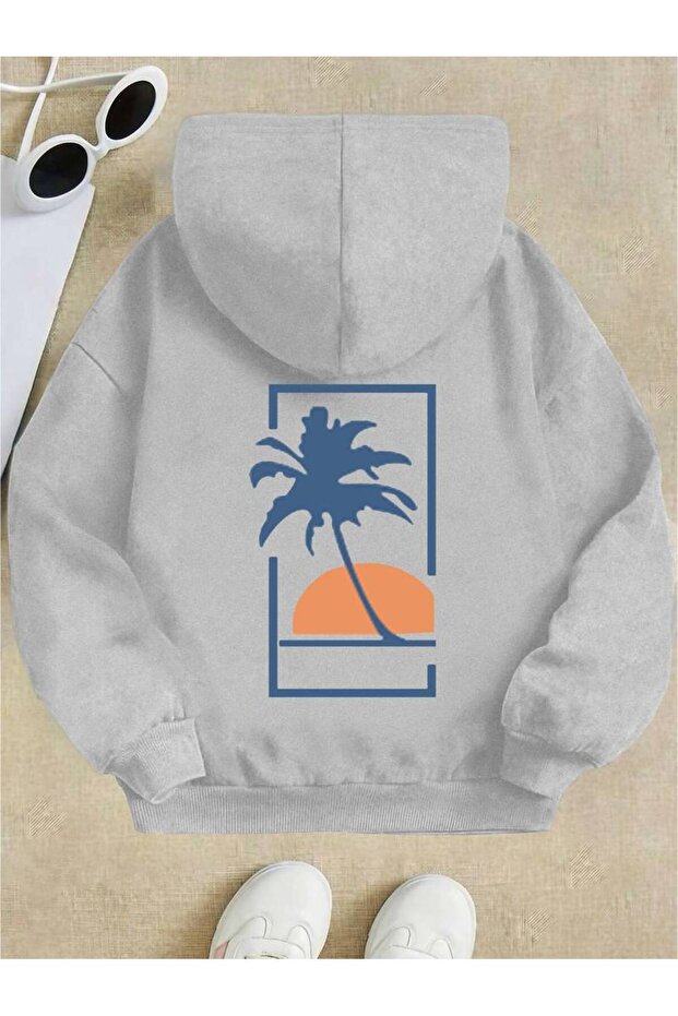 Children's Palm Printed Oversize Winter 3 Thread 100% Cotton Hooded Sweatshirt