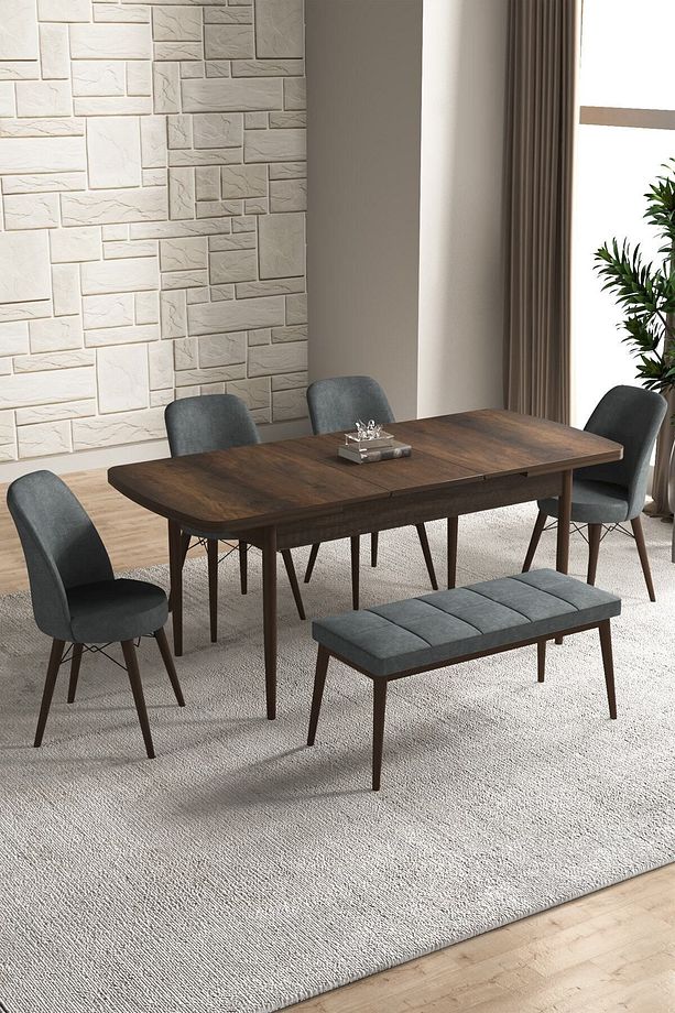 Dexa Serisi, 80x130 Açılabilir Mdf Barok Ceviz Mutfak Masa Takımı, 4 Sandalye, 1 Bench - 2
