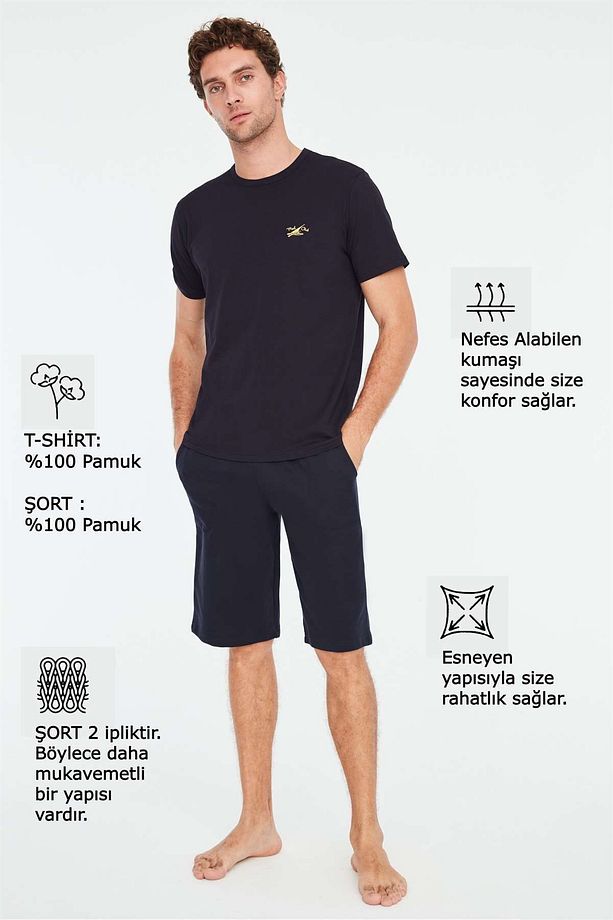 3836 Erkek Lacivert Şortlu Pijama Pijama Takımı-lacivert - 4