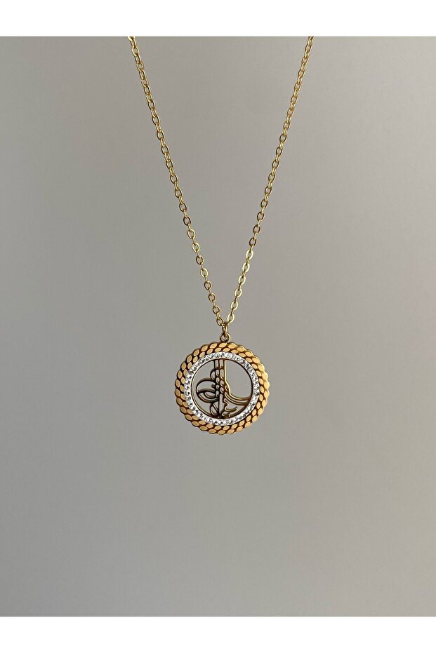 Steel Gold Row Embellished Tughra Necklace - Does not tarnish -