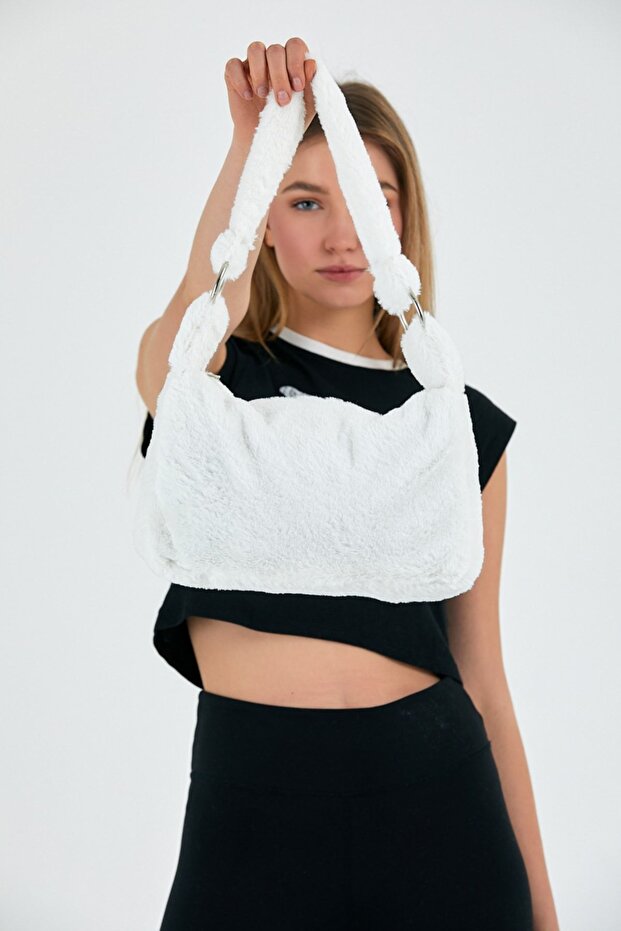 White Toscana Ring Baguette Bag / White Plush Shoulder and Hand Bag