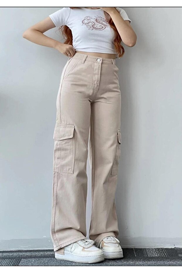 Beige Cargo Pockets Super High Waist Wide Leg Wide Leg's Women's Pants