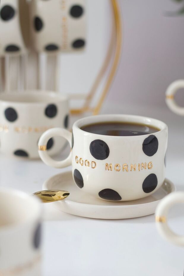 Good Morning Speckle Pattern Special Design 24K Gold Decorated Handmade Ceramic Mug 200ml
