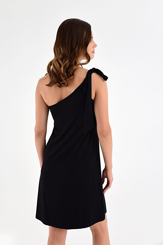 Kadın Siyah Tek Omuzdan Bağlamalı Elbise 20L6804 - 7