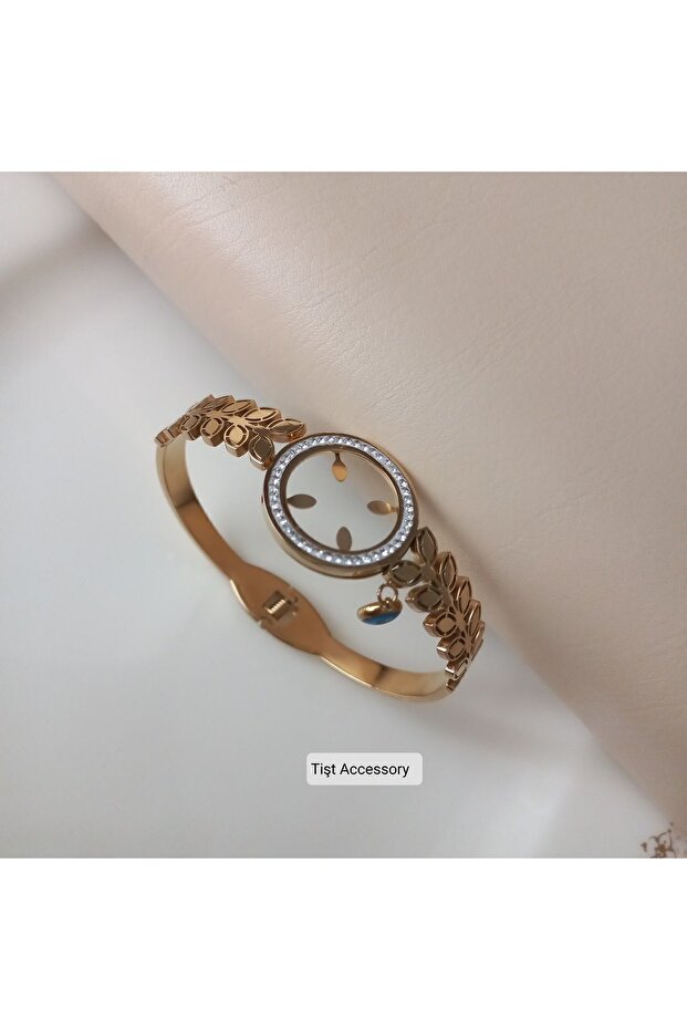 Gold Color Hollow Zircon Stone Framed Evil Eye Beaded Quadrant Steel Handcuffs Bracelet