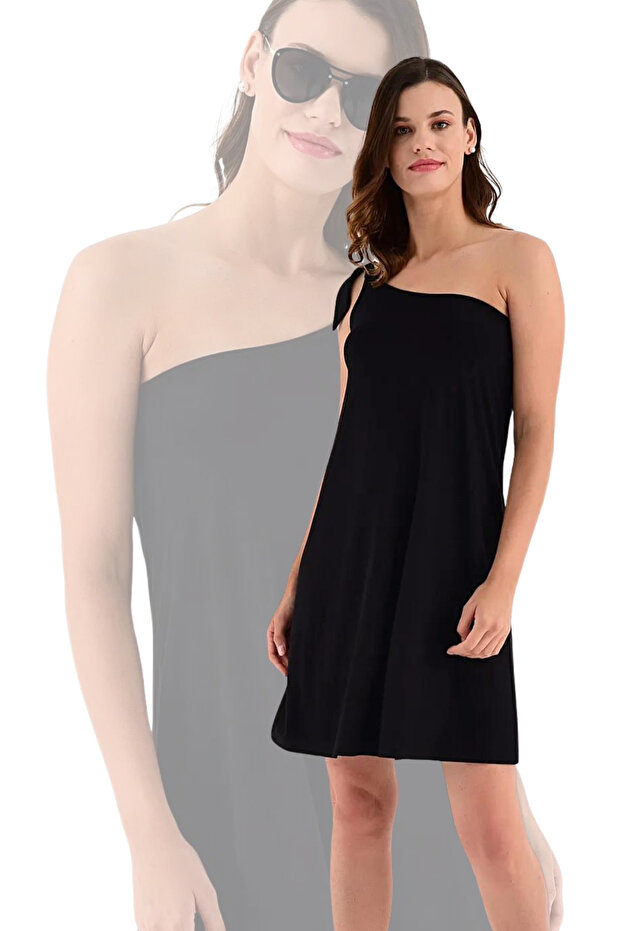 Kadın Siyah Tek Omuzdan Bağlamalı Elbise 20L6804 - 6