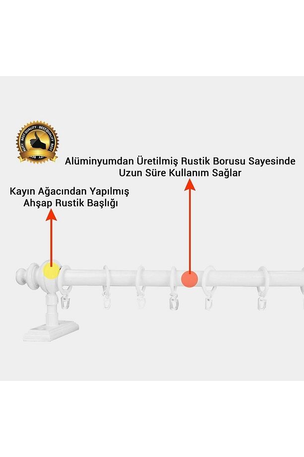 Beyaz Raysız Ahşap Rustik Perde Askısı - Rustik Borusu 175 Cm - 2