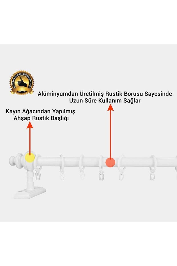 Beyaz Raysız Ahşap Rustik Perde Askısı - Rustik Borusu 250 Cm - 2