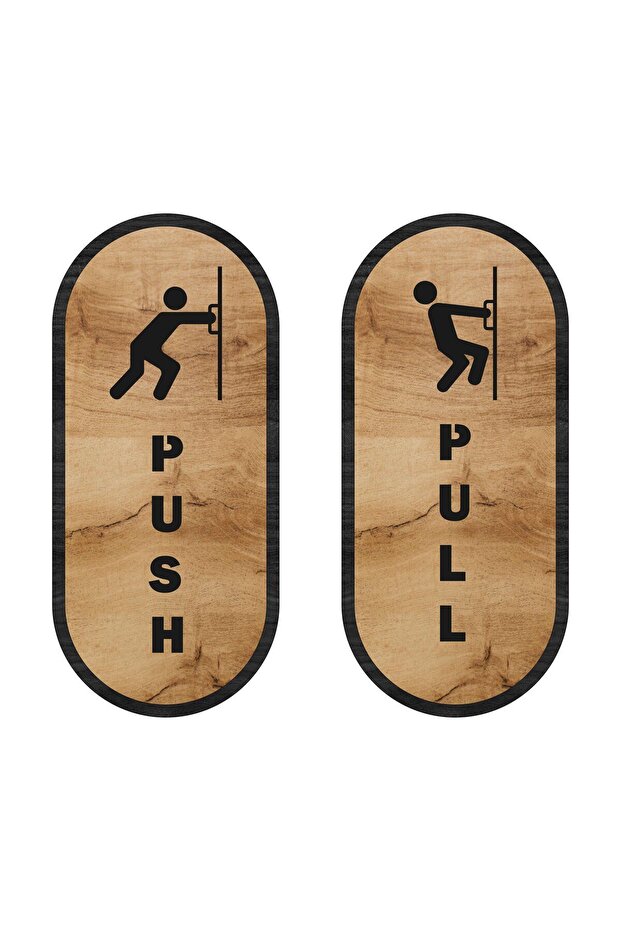علامة تحذيرية تحذيرية من سلسلة PULL-PUSH الإنجليزية العمودية من خشب القيقب البني