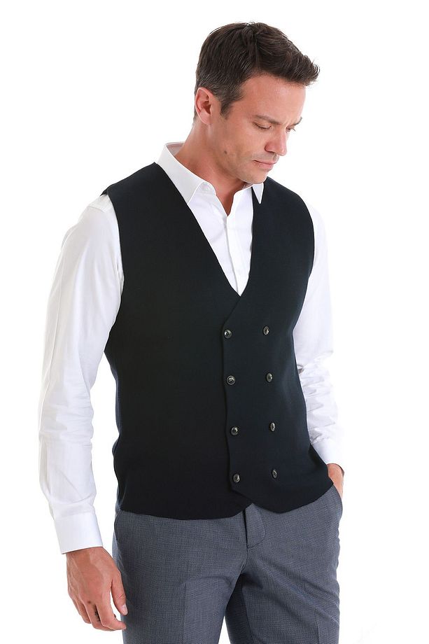 Lacivert Regular Fit Düz Kruvaze Triko Yelek - 3