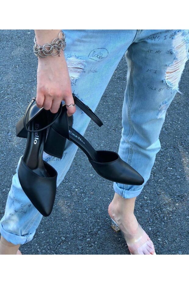 Black Low Heeled Shoes with Ankle Band