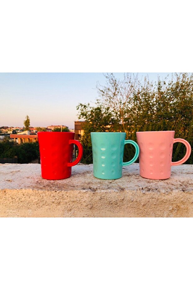 Renkli Plastik Kulplu Bardak Su, İçecek Meşrubat Bardağı Kupa Bardak 3 Adet - 5