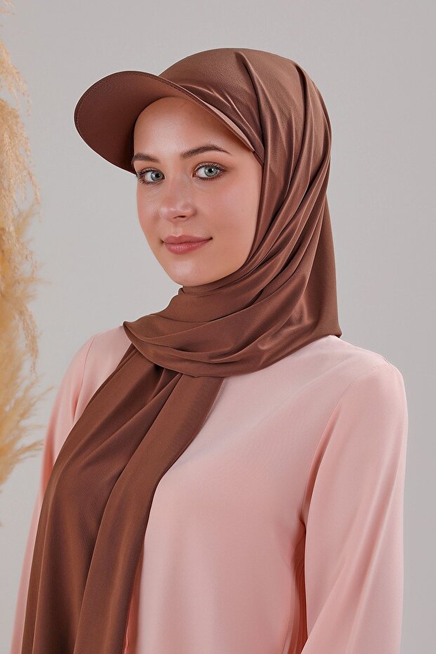 Women's Hijab with Hat, Practical Bonnet, Ready-To-Wear Shawl, Brown