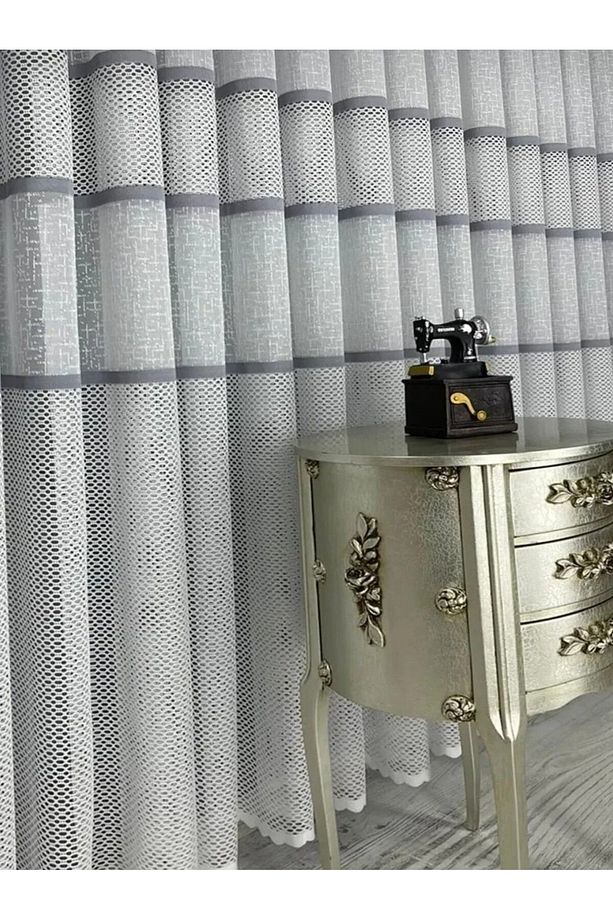 Sık Pileli Gri Şeritli Aplik Örme 1x3 Tül Perde - 4