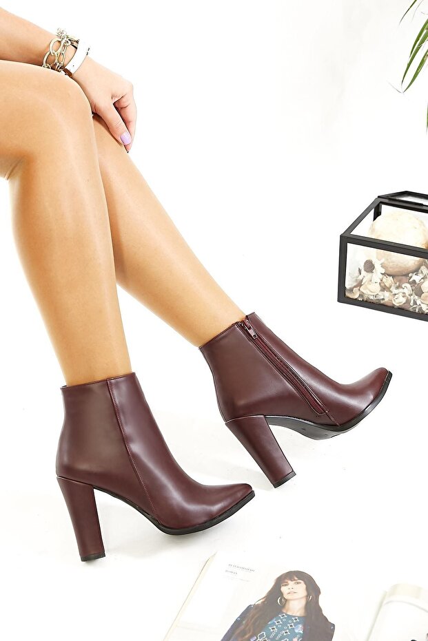 Bordo Deri Topuklu Bot - 4