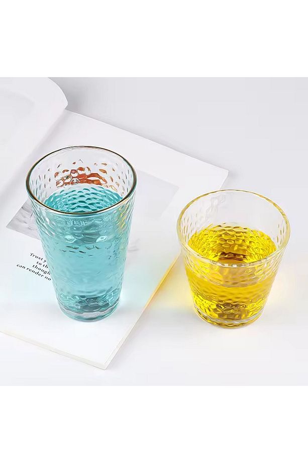 Ezme Dövülmüş Desen Tasarım Cam Su, Meşrubat, Latte, Kahve, Smoothie Bardağı 350 ml 2 Adet - 4361 - 2