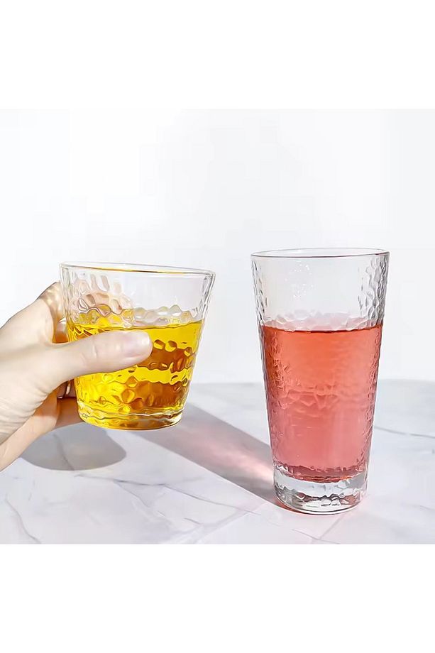 Ezme Dövülmüş Desen Tasarım Cam Su, Meşrubat, Latte, Kahve, Smoothie Bardağı 350 ml 2 Adet - 4361 - 4