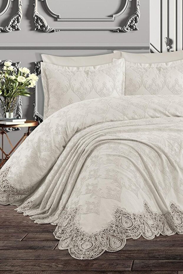 Double Bed Cover And Pique Set 6 Pieces Water Lily - Cream