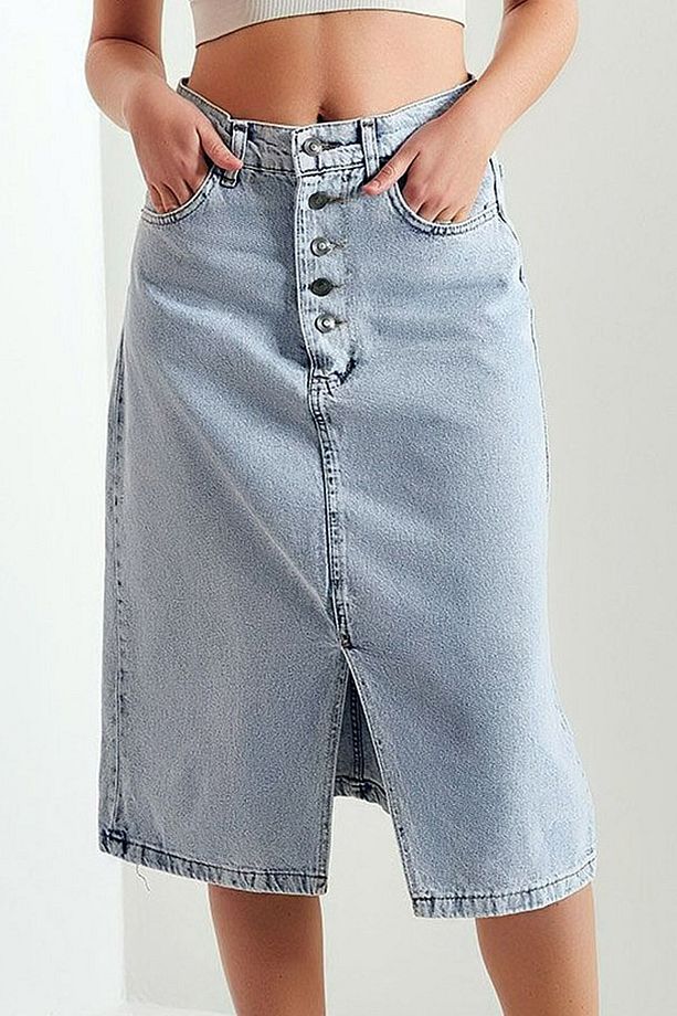 Kar Yıkama Önden Yırtmaçlı Yüksek Bel 5 Cep Düğmeli Şık Cool Midi Boy Jean Kot Etek - 4