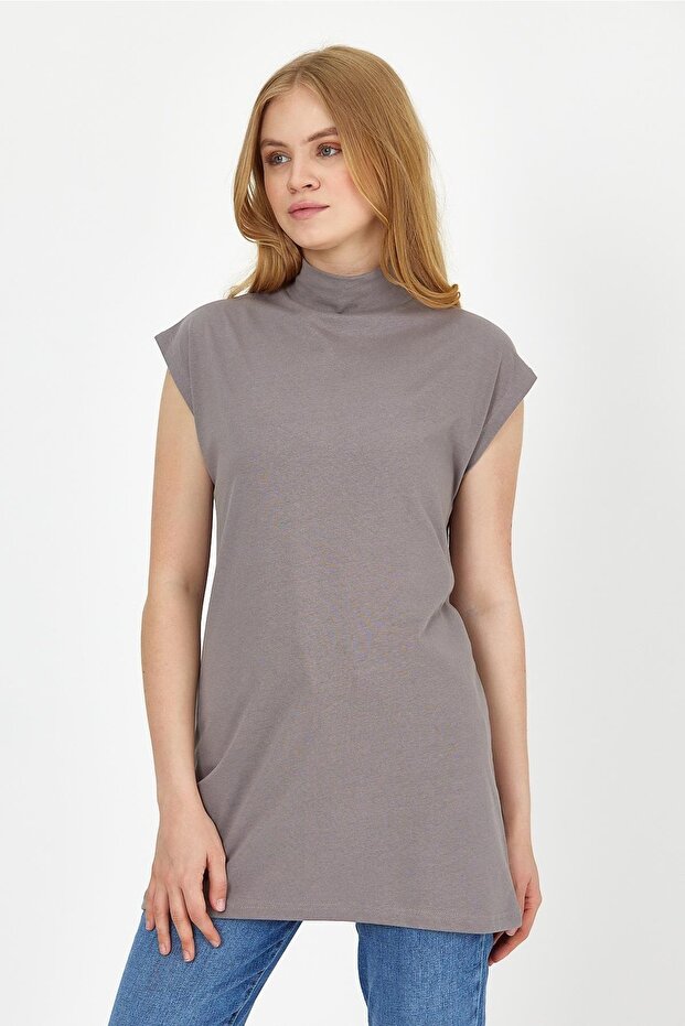 Dik Yaka Kolsuz Örme Pamuklu Tunik - 4