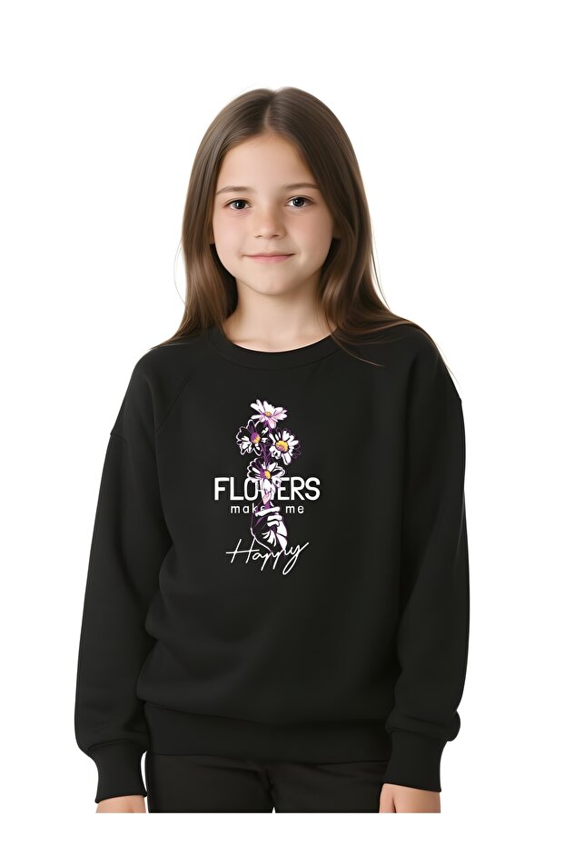 Flowers Printed Girl's Round Neck Black Sweat