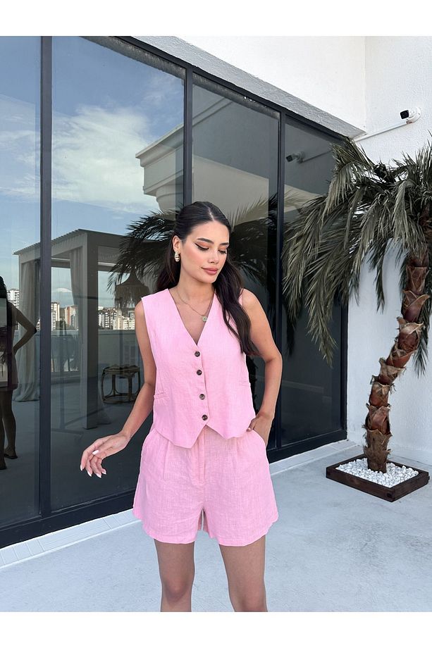 Pembe %100 Keten Şort - 3