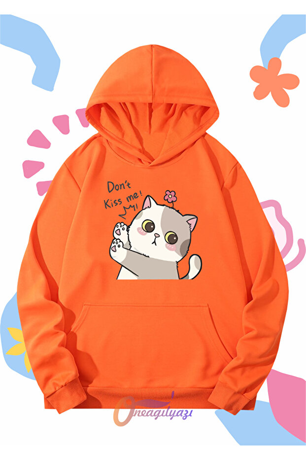 Children's Unisex Don'T Kiss Me Cat Printed Oversize Hooded Sweatshirt