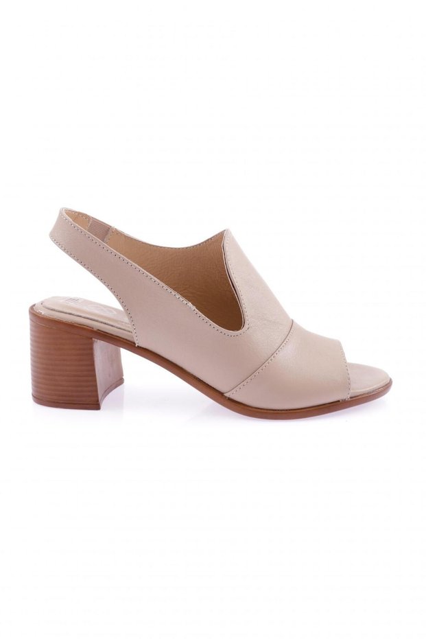 Beige 057 Model Women's Heeled Sandals - Genuine Leather with Rubber Detail
