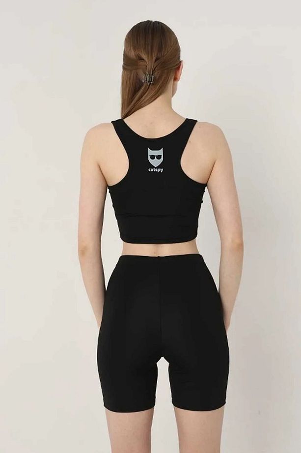 Kadın Siyah Yüksek Bel Toparlayıcı Logo Baskı Detaylı Dalgıç Kumaş Şort + Sporcu Südyeni Set - 1