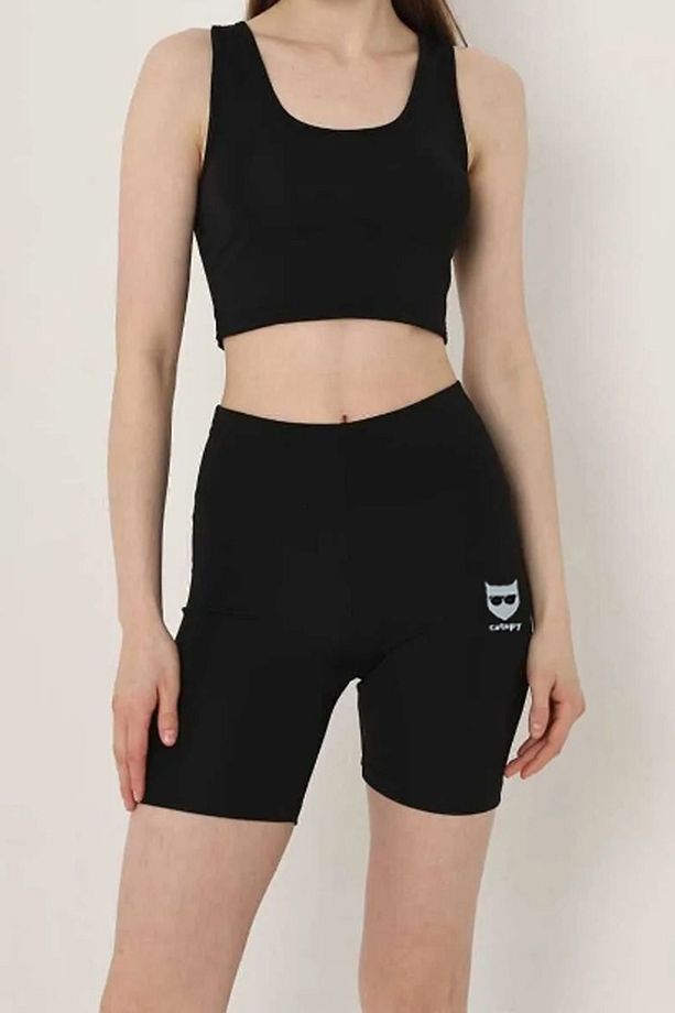 Kadın Siyah Yüksek Bel Toparlayıcı Logo Baskı Detaylı Dalgıç Kumaş Şort + Sporcu Südyeni Set - 2